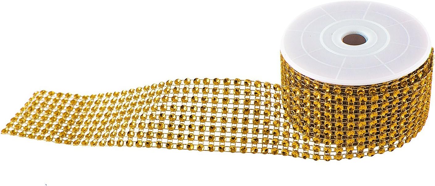 Super Z Outlet Diamond Sparkling Rhinestone Mesh Ribbon Roll for Arts & Crafts, Event Decorations, Wedding Cake, Birthdays, Baby Shower, 1.5" x 3 Yards, 8 Row, 1 Roll ® (Gold) thumbnail