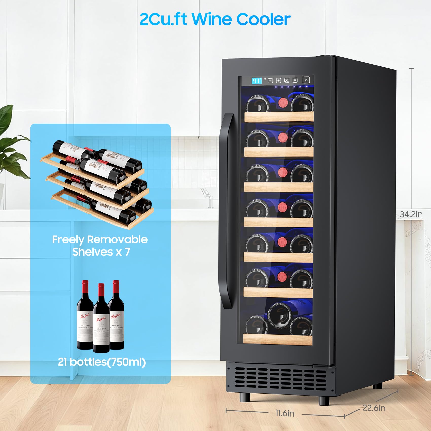 21 Bottle Wine Fridge Small 12inch Refrigerator Freestanding/Built In, 2cu.Ft Compressor Wine Cooler W/Lock & LED Display, 41℉-64℉ Digital Temperature Control Fridge For Cubicle, Under Counter Bedroom on Fridge.com - View 3