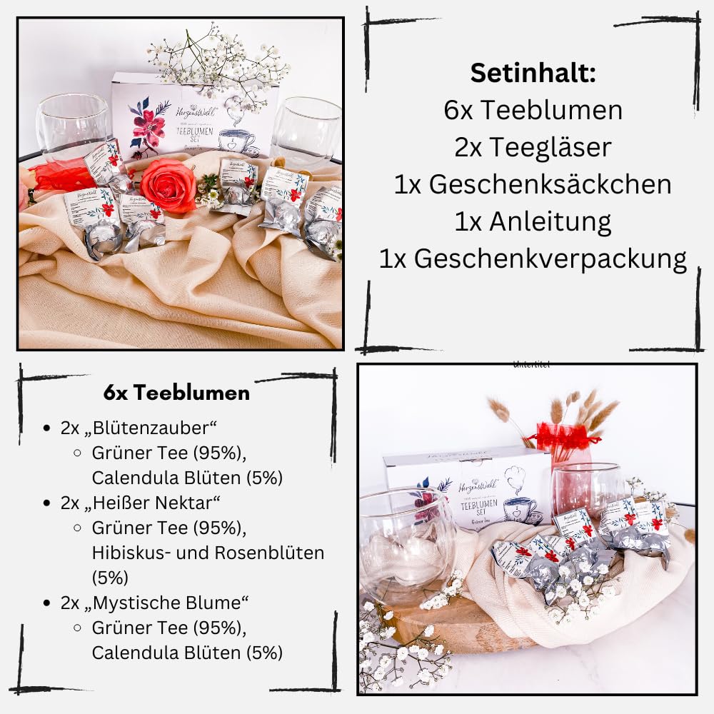 HerzensWahl Teeblumen Geschenkset | 6x Teeblumen, 2x Teetassen & Geschenkbox | Erblühtee | Teerosen Probierset | Grüner Tee & Teegläser Set für Teeliebhaber