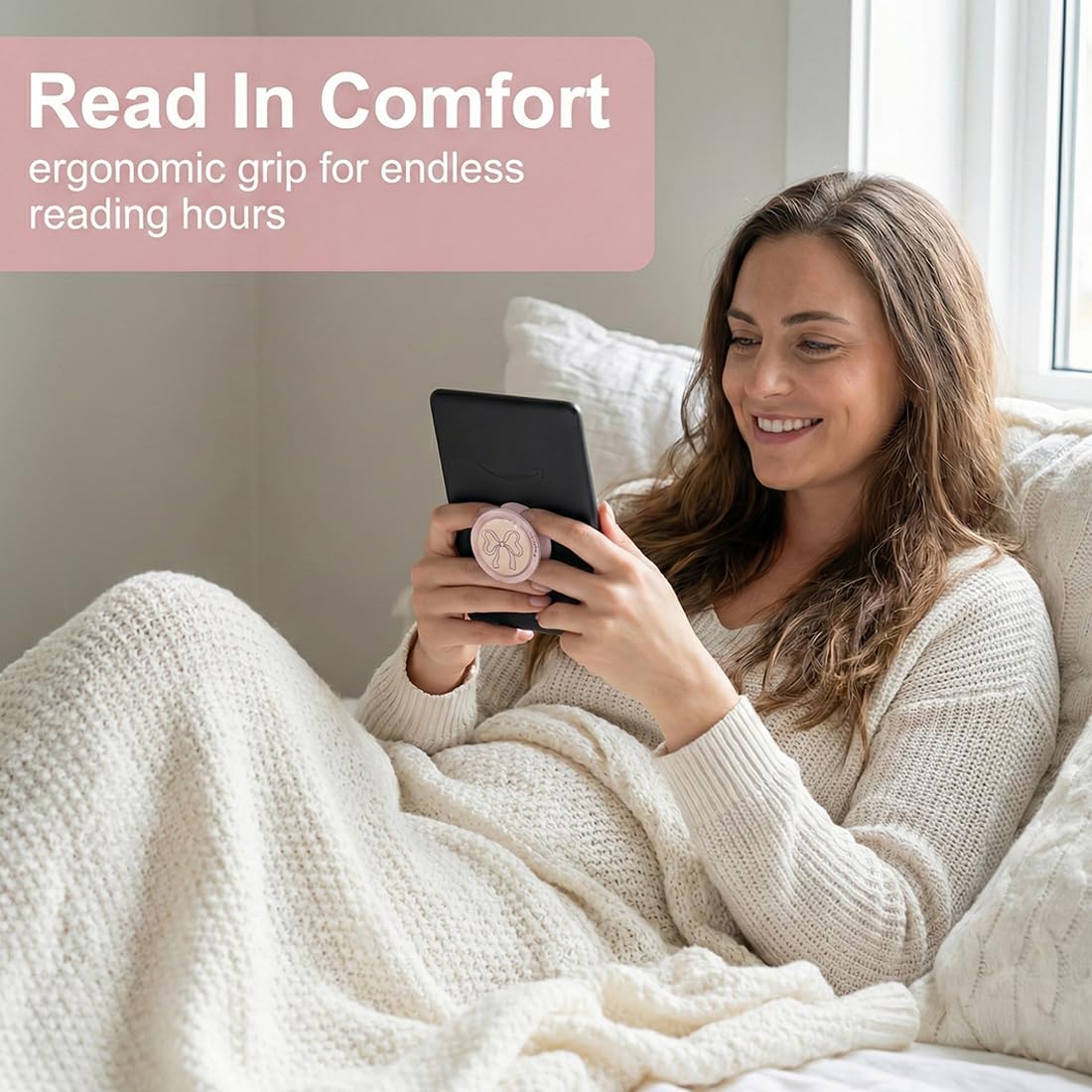 Supporto Magnetico Kindle con Nodo Fiocco Rosa, Impugnatura & Supporto Pieghevole, per Smartphone E-Reader & Tablet, Accessorio Telefono