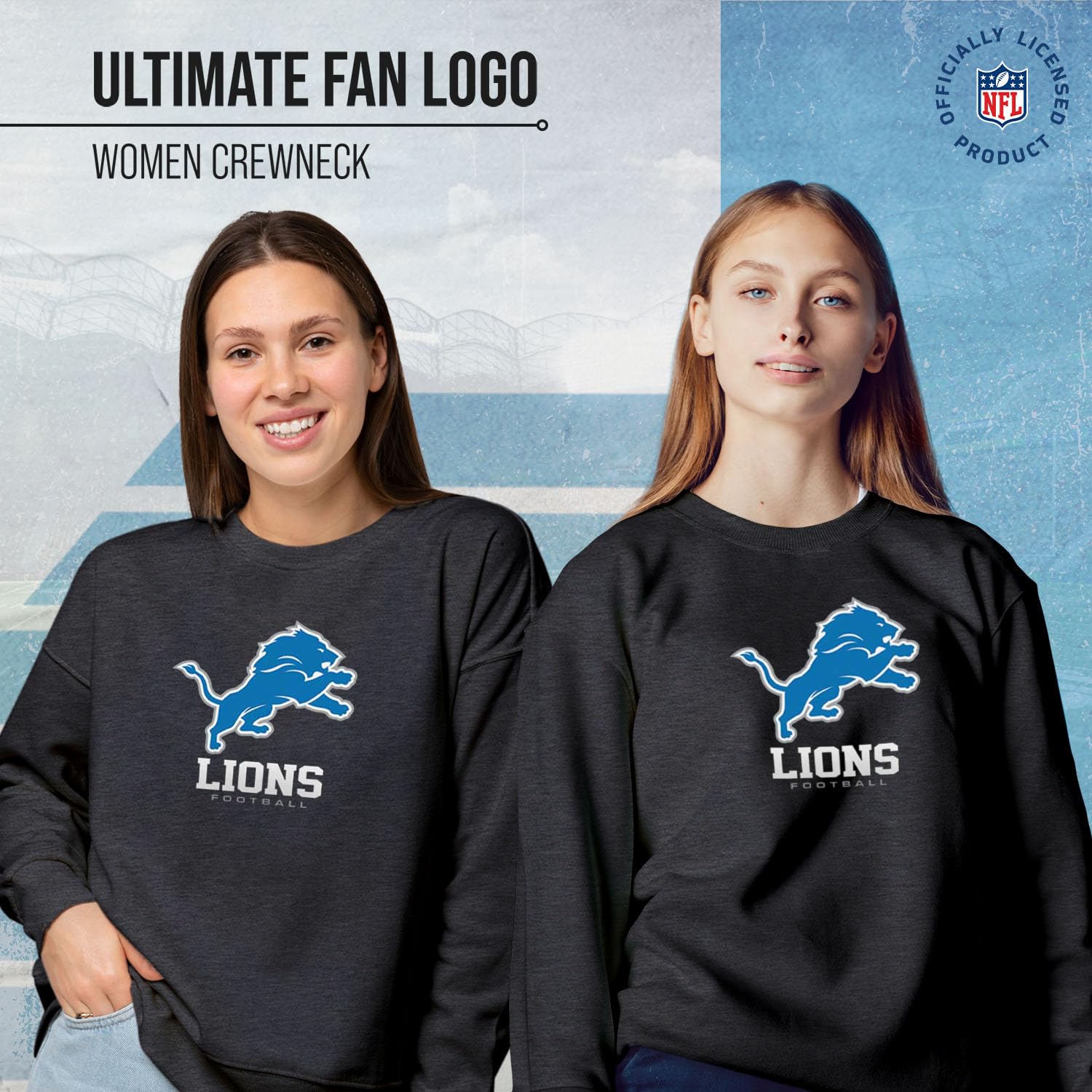 Team Fan Apparel NFL Ultimate Fan Logo Slouchy Crewneck Tagless Fleece Lightweight Pullover ((Detroit Lions - Charcoal, Womens Large))