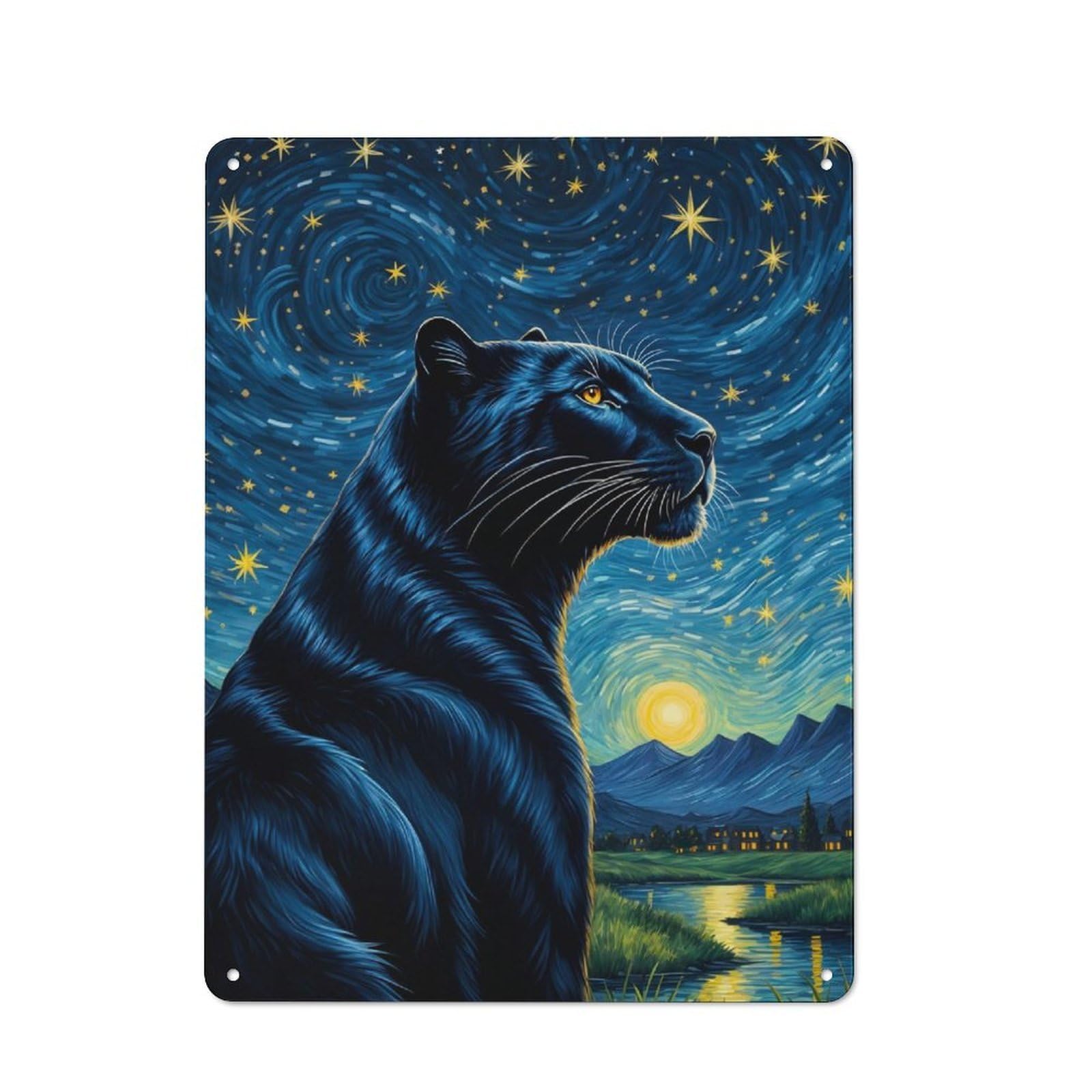 Rustic Animal Panther Starry Night Tin Wall Sign 40x30cm, Kitchen Wall Decor for Bakery, Diner, Cafe Or Family Room
