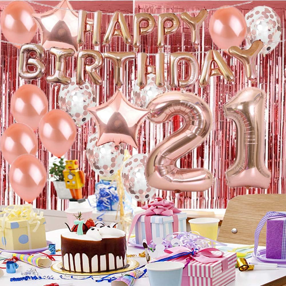 Sweet 21th Birthday Decorations Party Supplies,Rose Gold Number 21 Balloons,21th Mylar Balloons Rose Gold Foil Fringe Curtains Photo Backdrop Great 21th Birthday for Girls,Women,Men - Image 5