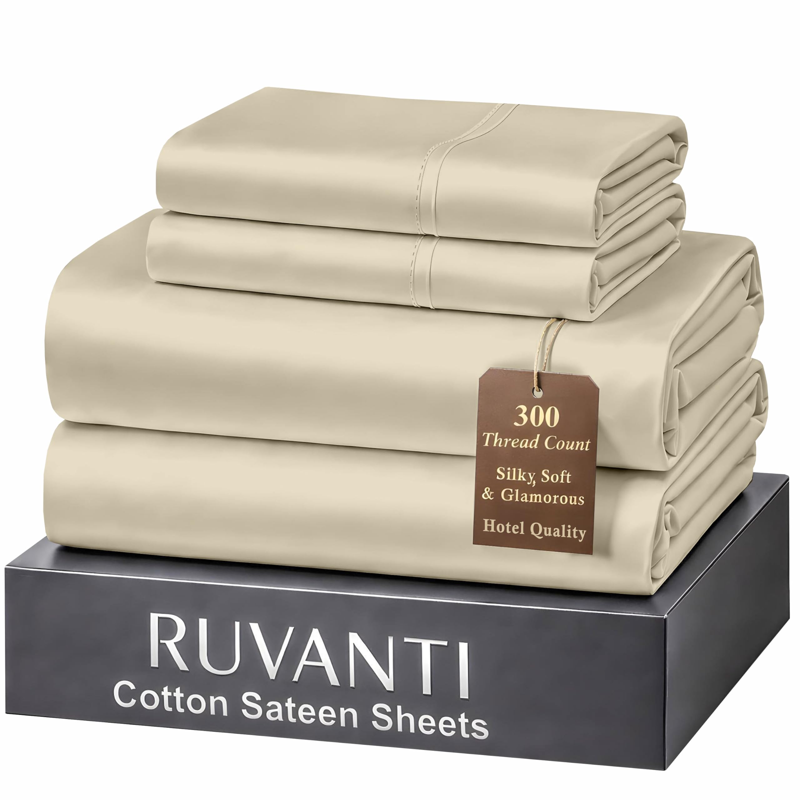 RUVANTI 100% Cotton Sheets Queen Size Bed Set - 300 Thread Count Silky Soft Sateen Weave, Cooling, Lightweight & Breathable, 16" Deep Pocket, Durable & Luxury Satin-Like, 4 Piece, Beige โ image 1