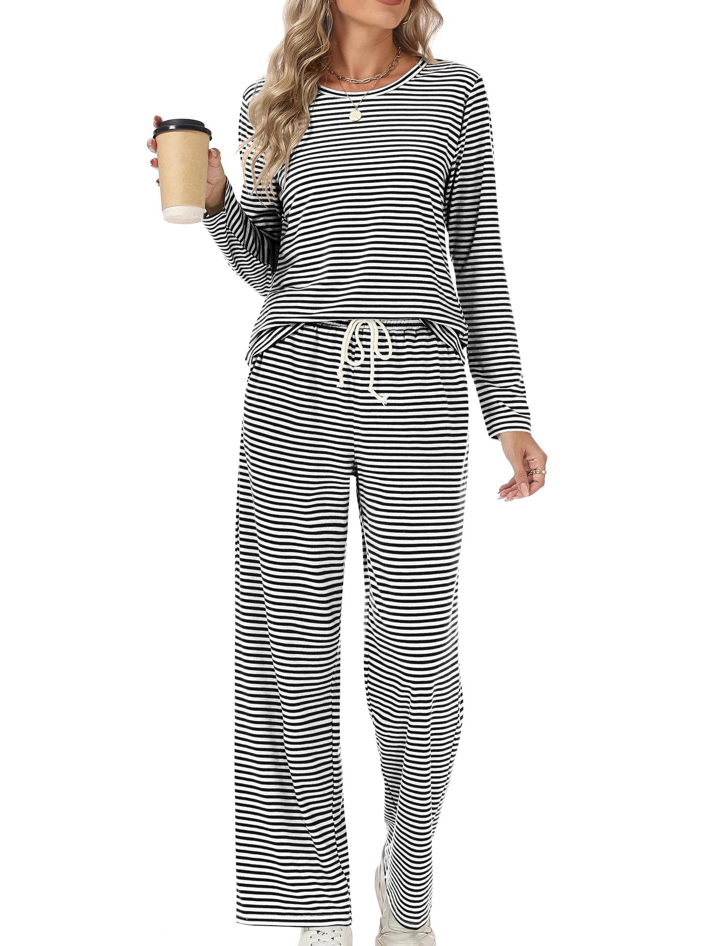 Rapbin Schlafanzug Damen Lang Pyjama Set Zweiteiliger Nachtwäsche Loungewear Damen Schlafen Oberteil und Schlafanzughose mit Taschen