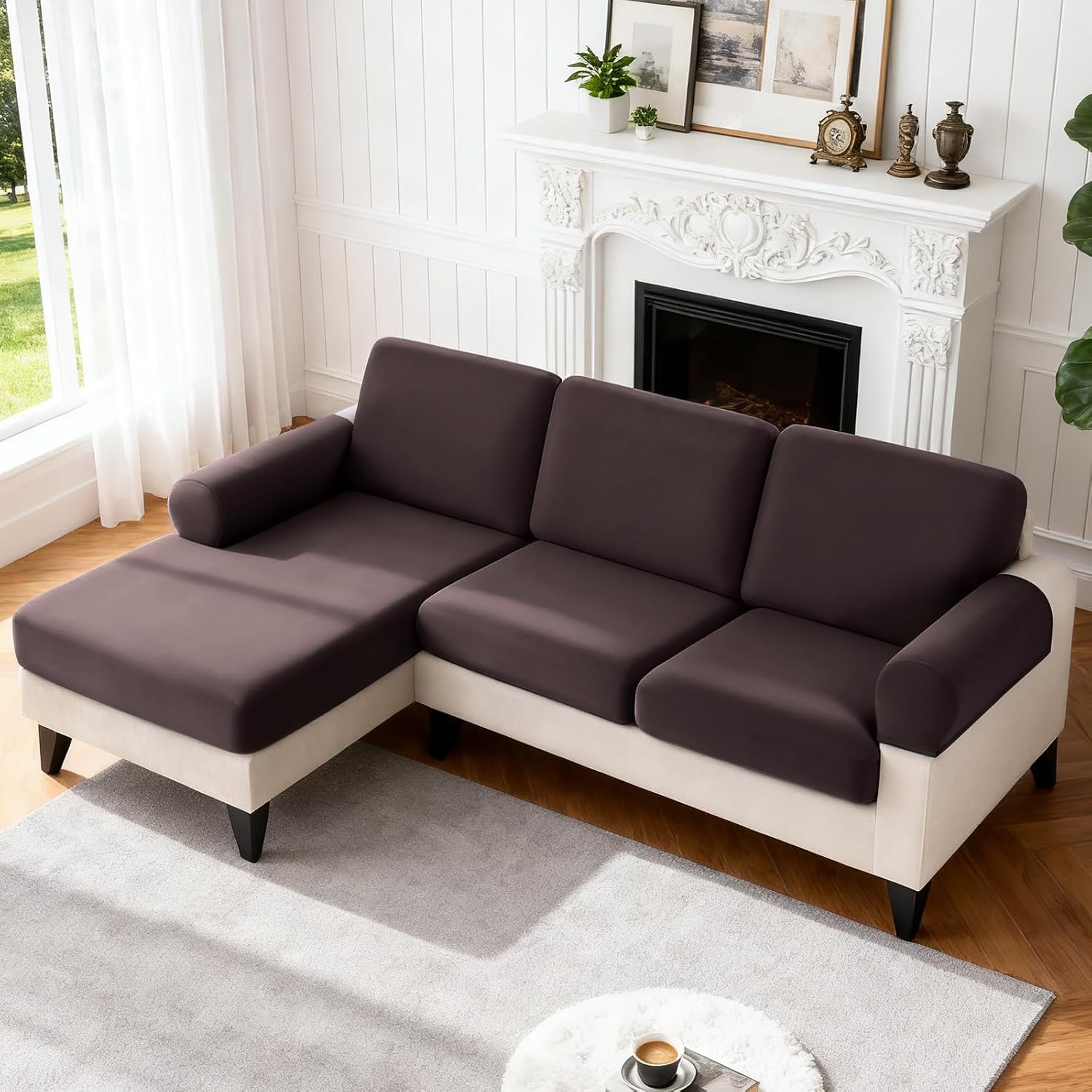 TAOCOCO Sectional Couch Cushion Covers 3 Pieces, 2 Pieces Sectional Seat Covers + 1 Piece Chaise Cushion Covers for L Shaped Couch, Washable & Durable Practical Furniture Covers, Coffee