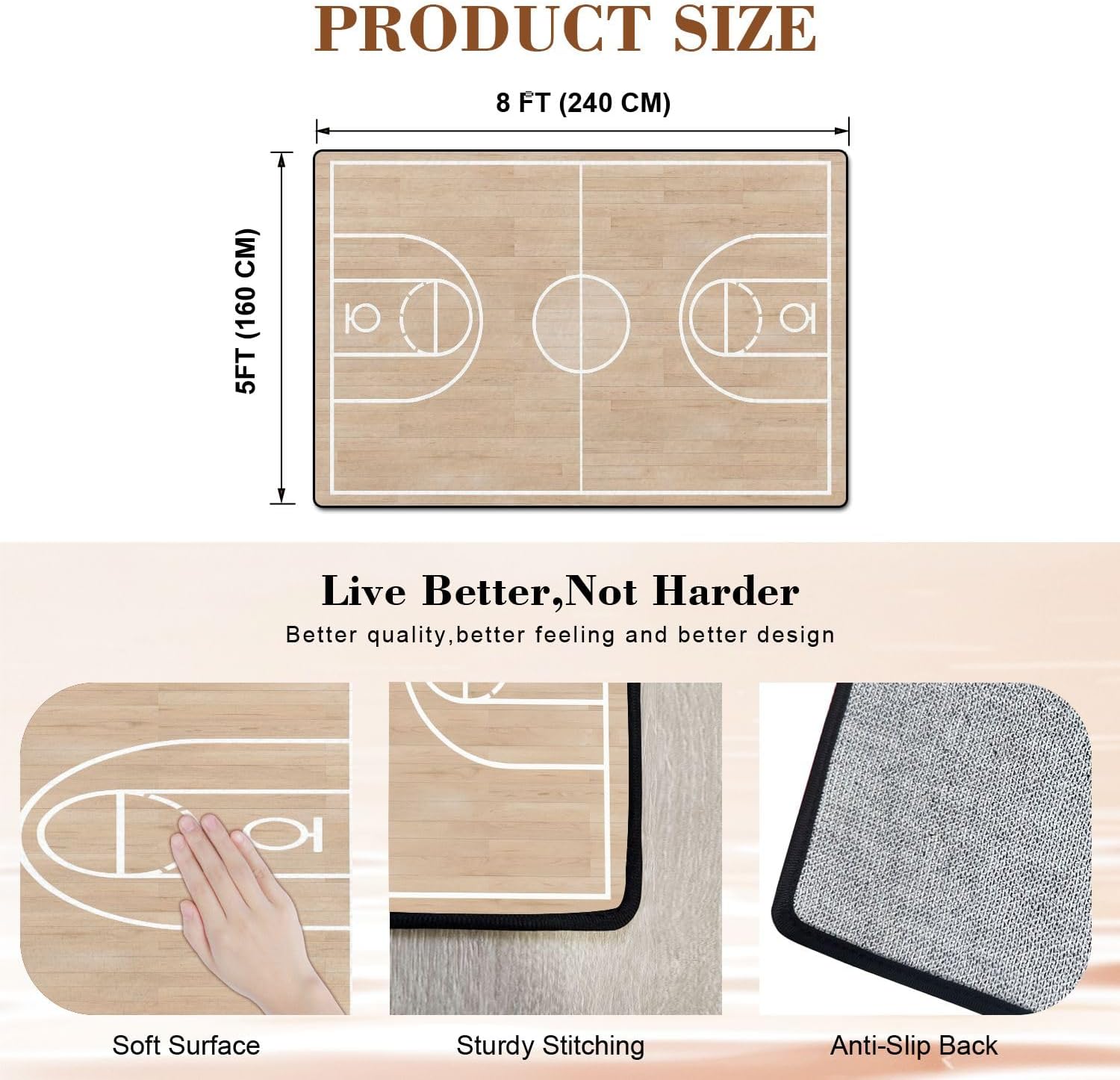Washable Rug Area Rugs for Living Room 5x8 Top View Basketball Court Layout line Wooden Texture Non-Slip Carpets for Dining Room Soft Rubber Backed Large Area Rug for Bedroom Office