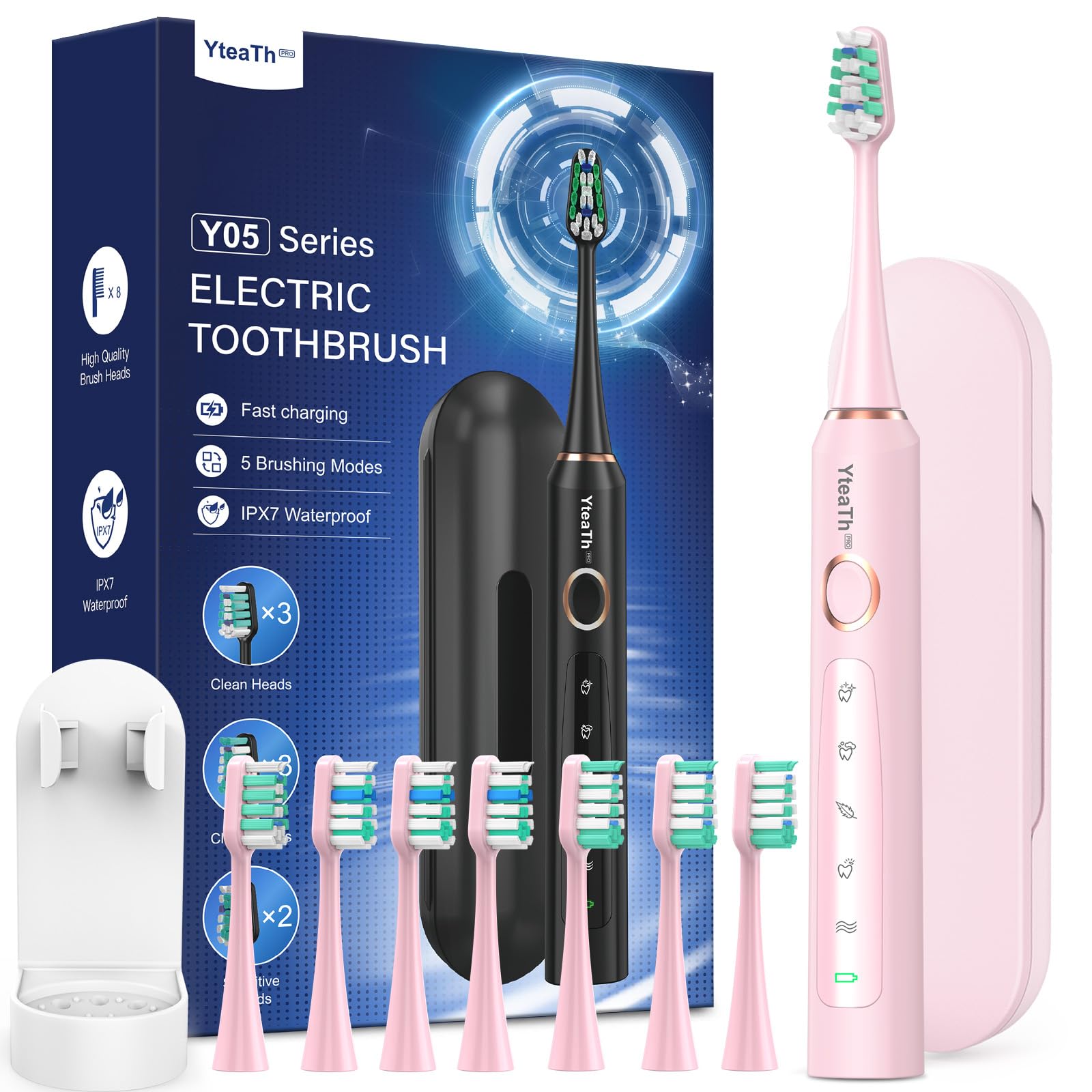 Spazzolino Elettrico Sonico per Adulti Bambini - Spazzolino Denti Sonico Bambini con 8 Testine e Custodia da Viaggio, 5 Modalità, Impermeabile IPX7, Spazzolino Elettrico Bambini 6-12 Anni, Rosa Rosa 1 unità (Confezione da 1)