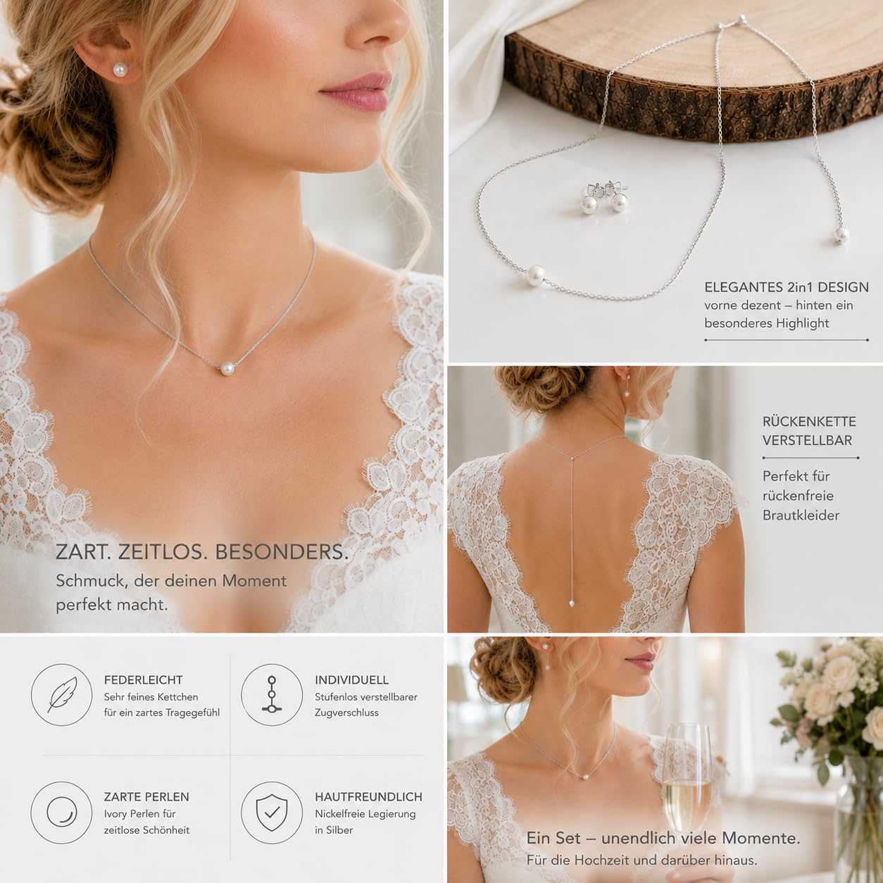 2 en 1 - Collar para novia de plata con perlas, collar para vestidos de novia sin espalda con cadena ajustable en la espalda y pendientes de perlas, juego de joyas para boda, oficina de