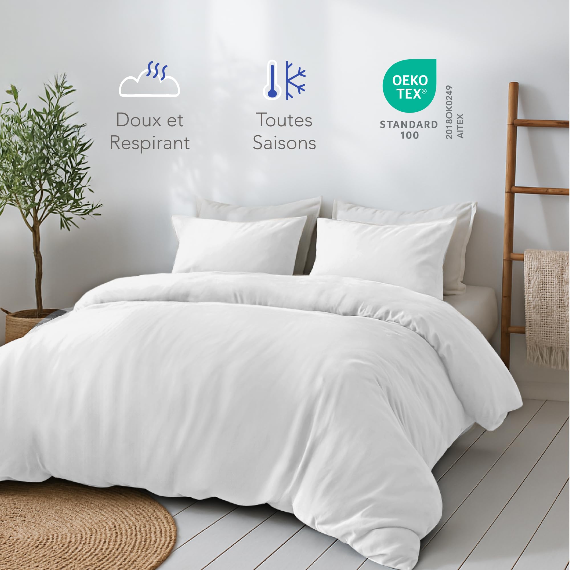 Dreamzie Housse de Couette 200x200 cm et 2 Taie Oreiller 80x80 cm - Blanc - Parure de lit en Satin de Coton - 3 Pièces - Certifié sans Produits Chimiques (Oeko TEX)
