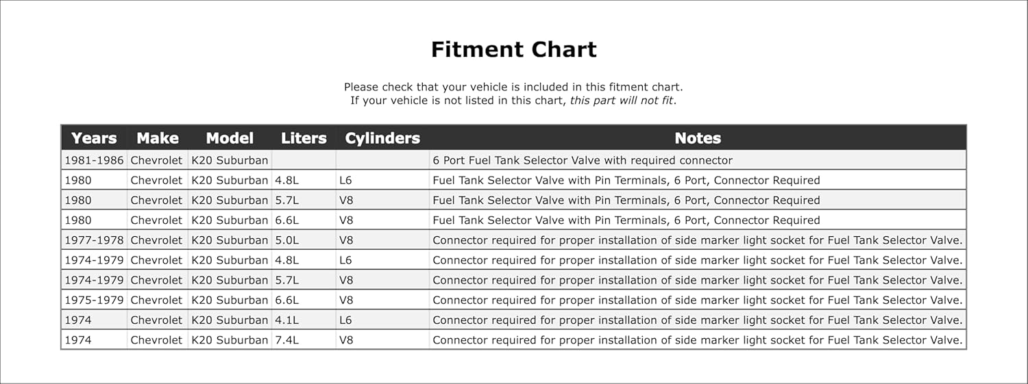 Fuel Tank Selector Valve Compatible With Chevrolet K20 Suburban 1986 1985 1984 1983 1982 1981 1980 1979 1978 1977 1976 1975 1974 P-2174399