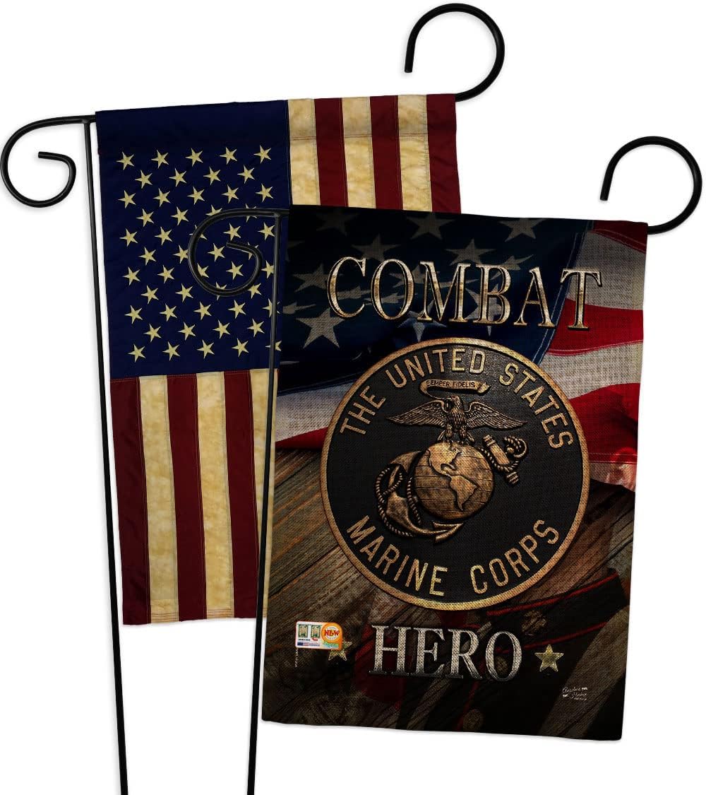 Marine Combat Hero Burlap Burlap Garden Flags Pack Armed Forces Corps USMC Semper Fi United State American Military Veteran Retire Official USA Vintage Applique Gift Yard House Double-Sided 13 X 18.5