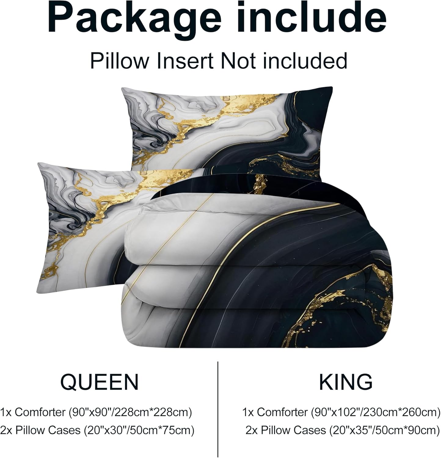 Abstract Marble Bedding Set for Kids Women Men Queen Size 3D Marble Comforter Set Black White Gold Quilt Set for All Age Marbling Quilt Set with 1 Comforter + 2 Pillowcases