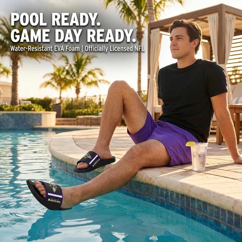 FOCO Baltimore Ravens X-Large Slides for Men NFL Molded EVA Foam Sandals | Water Resistant, Officially Licensed