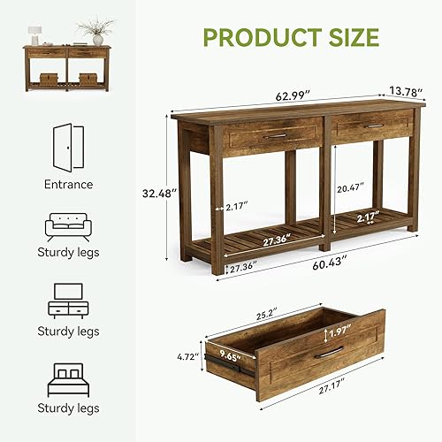 Miniatura 2 de LITTLE TREE Mesas consola modernas con 2 cajones, muebles de entrada rústicos de 63 pulgadas, mesa detrás del sofá con estante de almacenamiento,