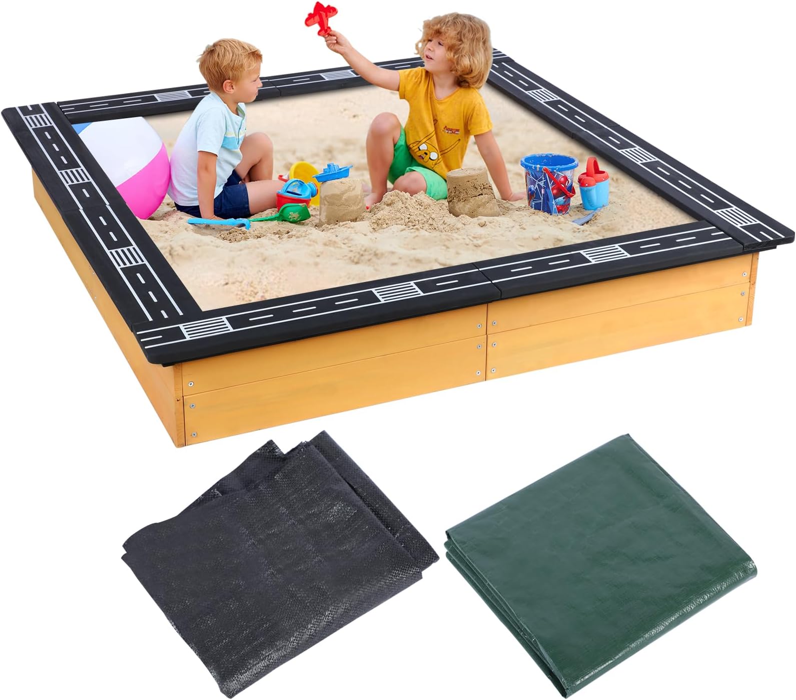 Dollate Large Outdoor Wooden Sandbox with Four Sides Racing Track Design, Suitable for Games, Toy Storage, Planting Flowers