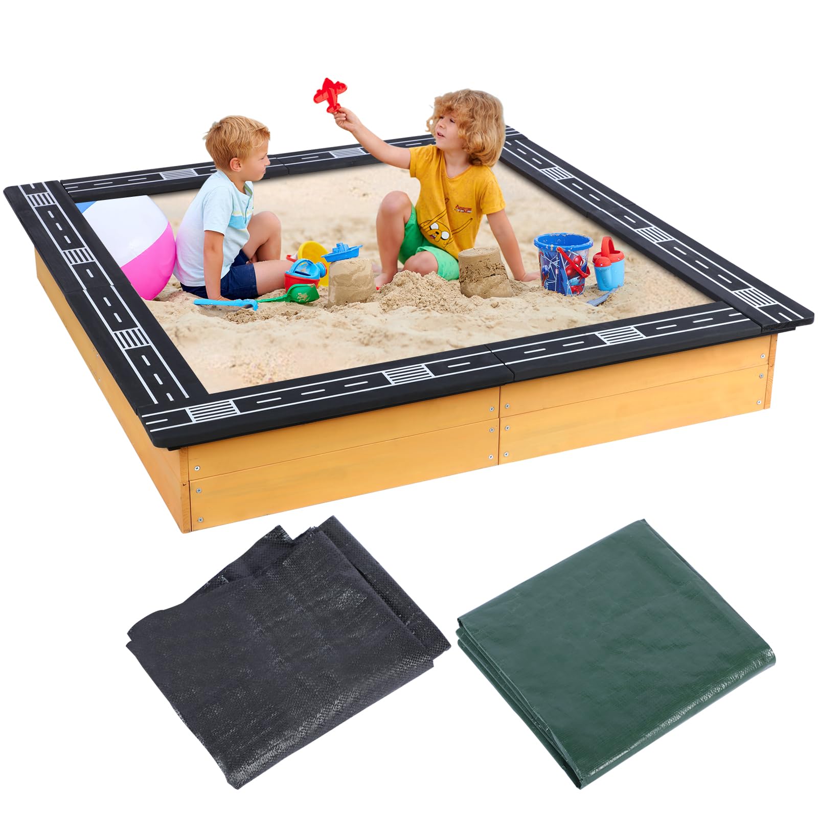 Dollate Large Outdoor Wooden Sandbox with Four Sides Racing Track Design, Suitable for Games, Toy Storage, Planting Flowers