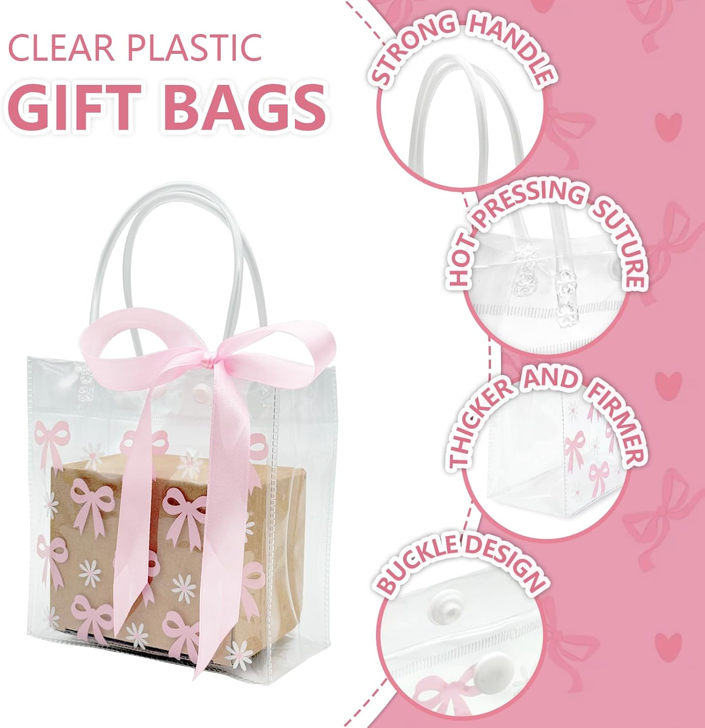 Slomg 12 Pack Pink Bow Clear Plastic Gift Bags with Handles, PVC Ribbon Coquette Bowknot Goodie Treat Tote Bags, Reusable Holidays Candy Gift Wrapping Bags for Wedding Birthday Baby Shower Party Favor - Image 3