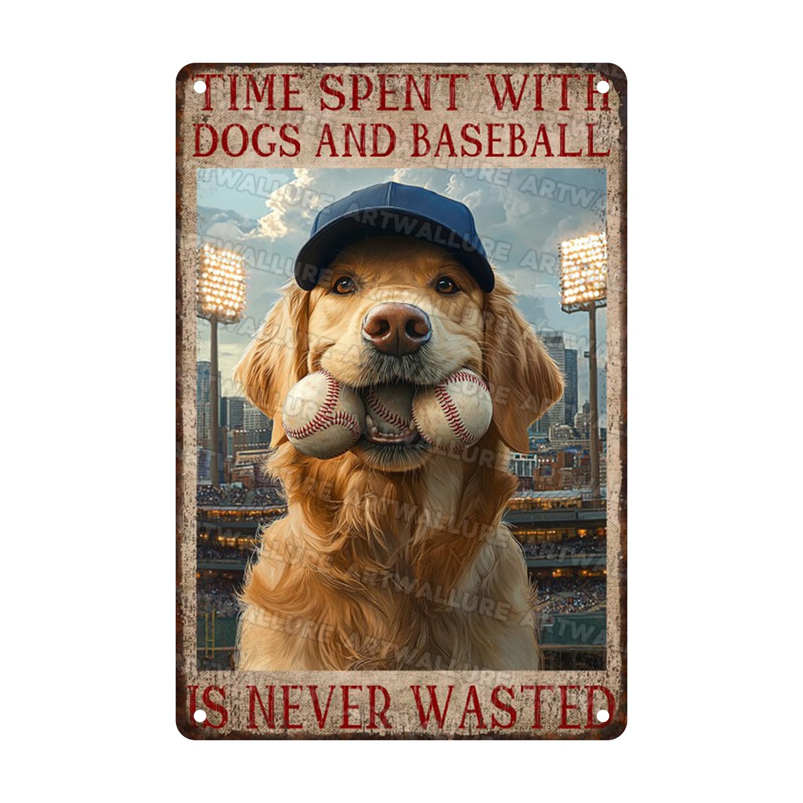 Baseball Fan Cave Wall Art Metal Tin Sign with Dogs Vintage Retro Plaque Rustic Decor for Sports Bar Game Room Basement 8x12inch