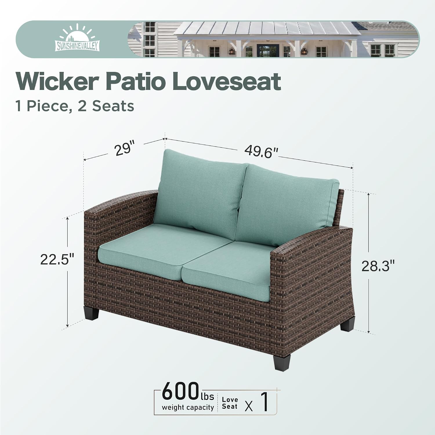SUNSHINE VALLEY Loveseat Patio Sofa，Outdoor 2-seat Wicker Rattan Patio Sofa，Outdoor Brown Premium Patio Furniture with 4" Thick Cushions for Garden,Lawn, Backyard,Blue
