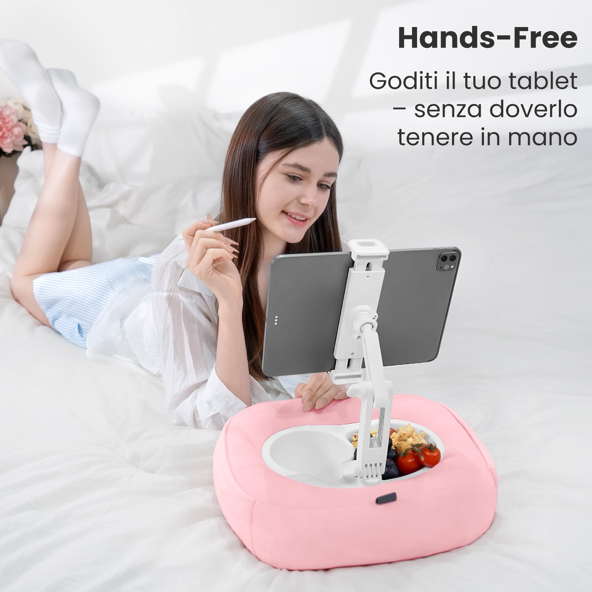 Supporto per cuscino per tablet con 2 ciotole per snack, supporto per iPad regolabile a 360°, per iPad da 4,7 a 13", Kindle, smartphone, accessori Kindle sul letto, divano, rosa