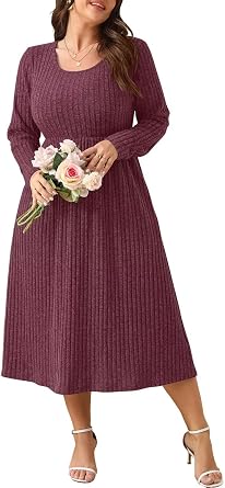BELAROI Plus Size Dresses for Curvy Women Long Sleeve Dress Midi Sweater Fall Winter Scoop Neck Casual