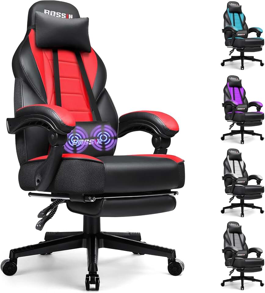 BOSSIN Racing Style Gaming Chair, Leather Computer Desk Chair with Footrest and Headrest, Ergonomic Heavy Duty Design, Large Size High-Back E-Sports, Big and Tall Gaming Chair