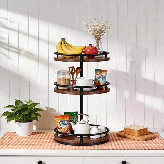 3-Tier Rotating Spice Rack, Wooden Lazy Susan Spice Organiser, 360-Degree Turntable Seasoning Storage Rack for Kitchen Countertop, Cupboard and Pantry