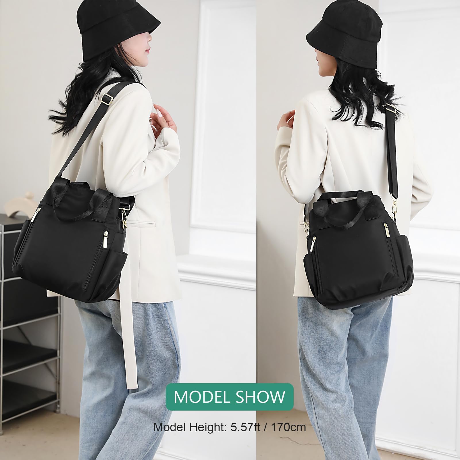 DOURR Light 3 Compartments Crossbody Bags for Women Triple Zip Top Handle Handbag Multi-pocket Nylon Satchel (Black)