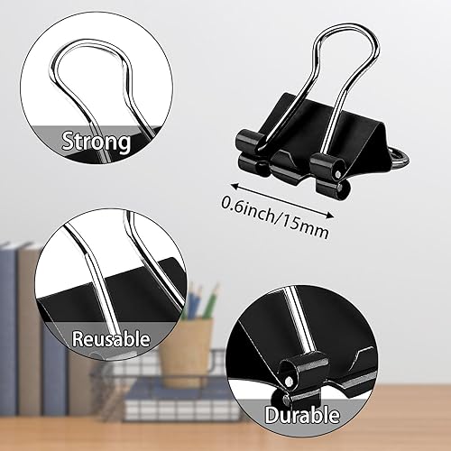 Miniatura 2 de SANNIX 150 clips para carpeta, clips de 58 de pulgada y 0.591 in, abrazaderas de papel negro, tamaño micro para oficina, hogar, escuela