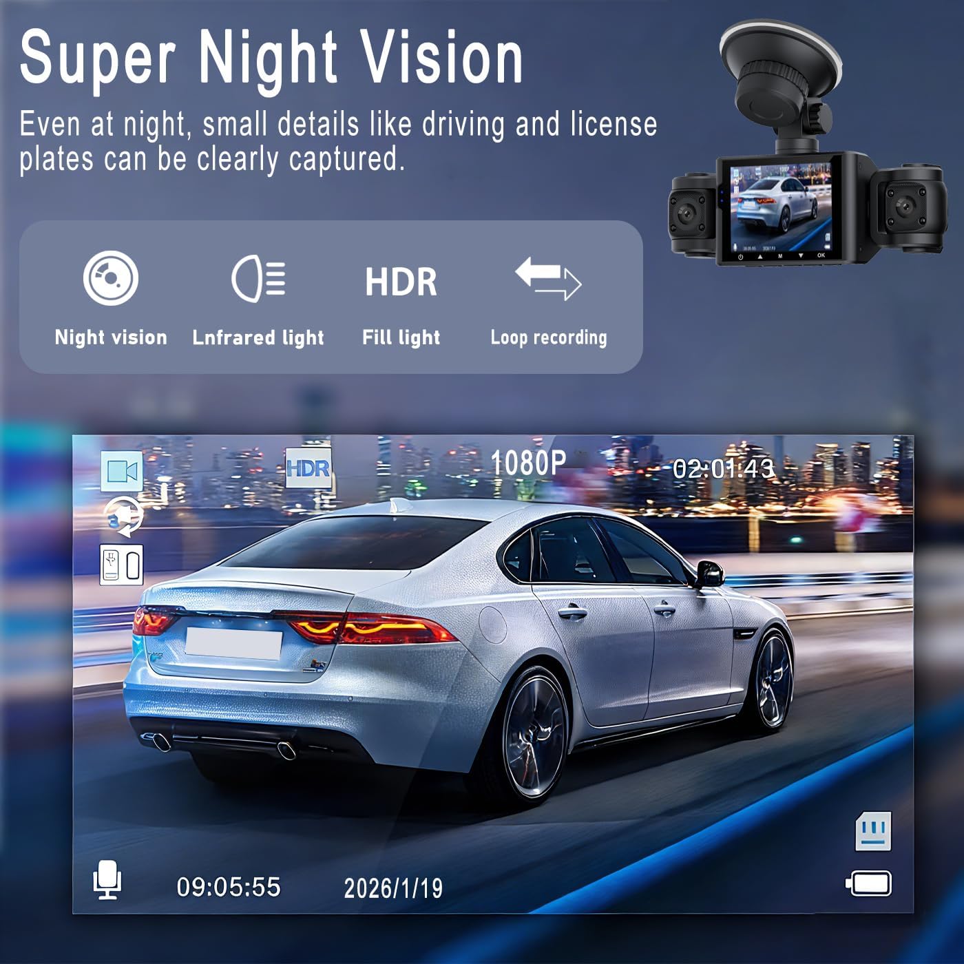 Dash cam recording a car at night with Super Night Vision enabled