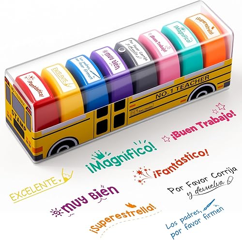 Vista 7 de Qilery 8 sellos para profesores, regalos de calificación en español, de goma, autoentintado, motivación para la escuela, español, aula, premios Azul