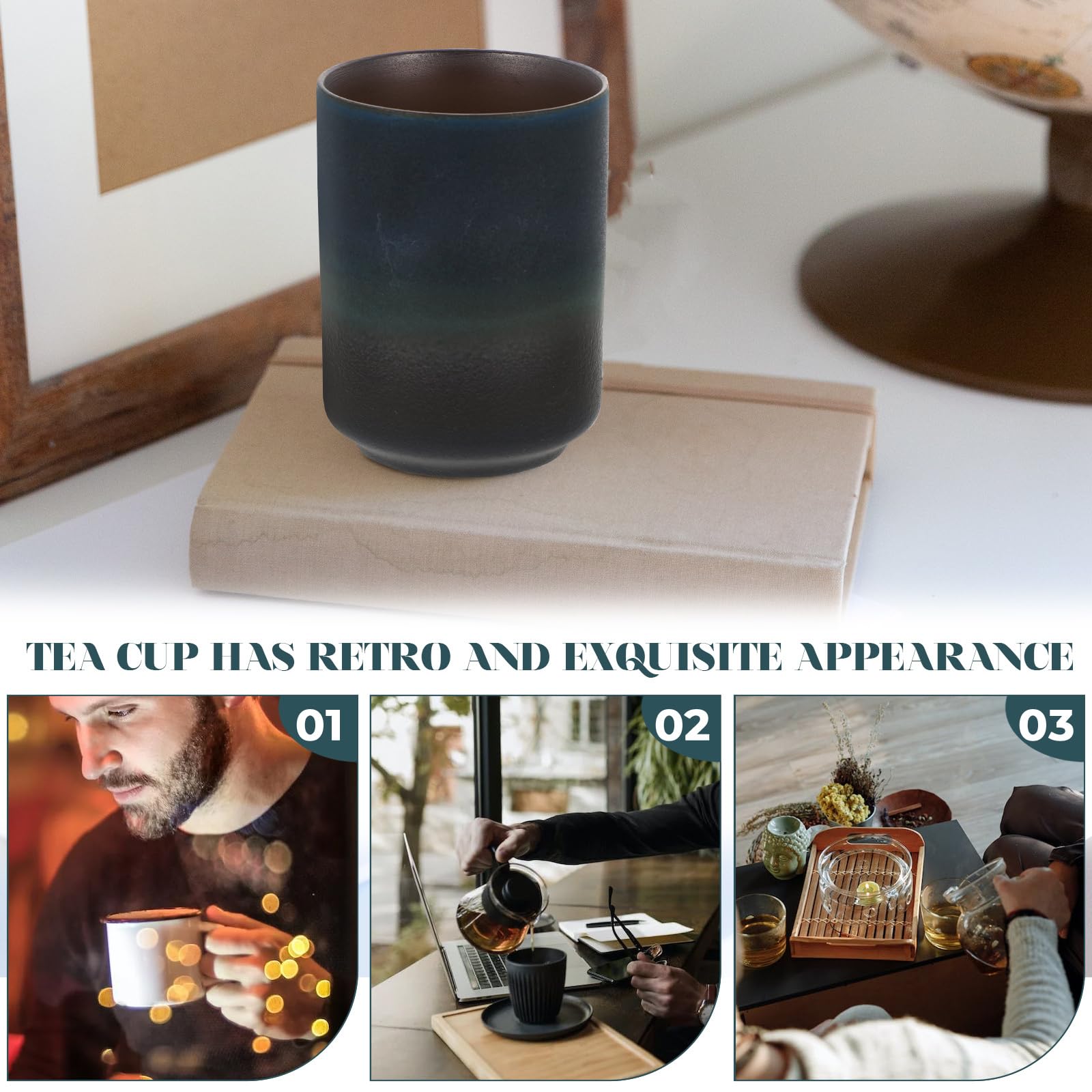 Operitacx Taza de té de cerámica japonesa, taza de té de estilo vintage de 250 ml con diseño redondo retro, taza de agua de cerámica ligera para beber té diario, hogar, oficina y ceremonia