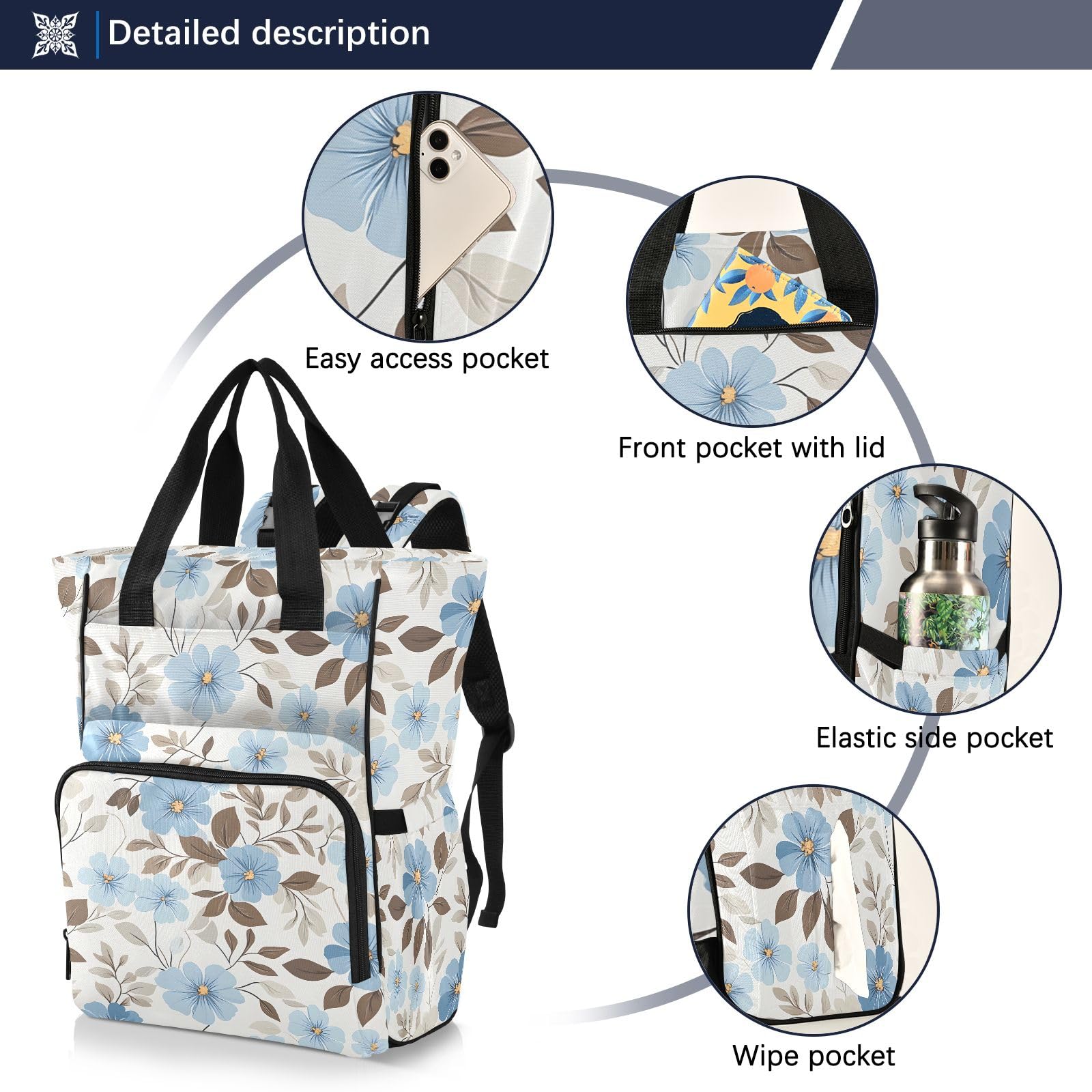 Mnsruu Blu Motivo Floreale Del Bambino Della Borsa Del Pannolino Del Bambino Zaino Grande Borsa Impermeabile Viaggio Borse Per Pannolini Per Mamm