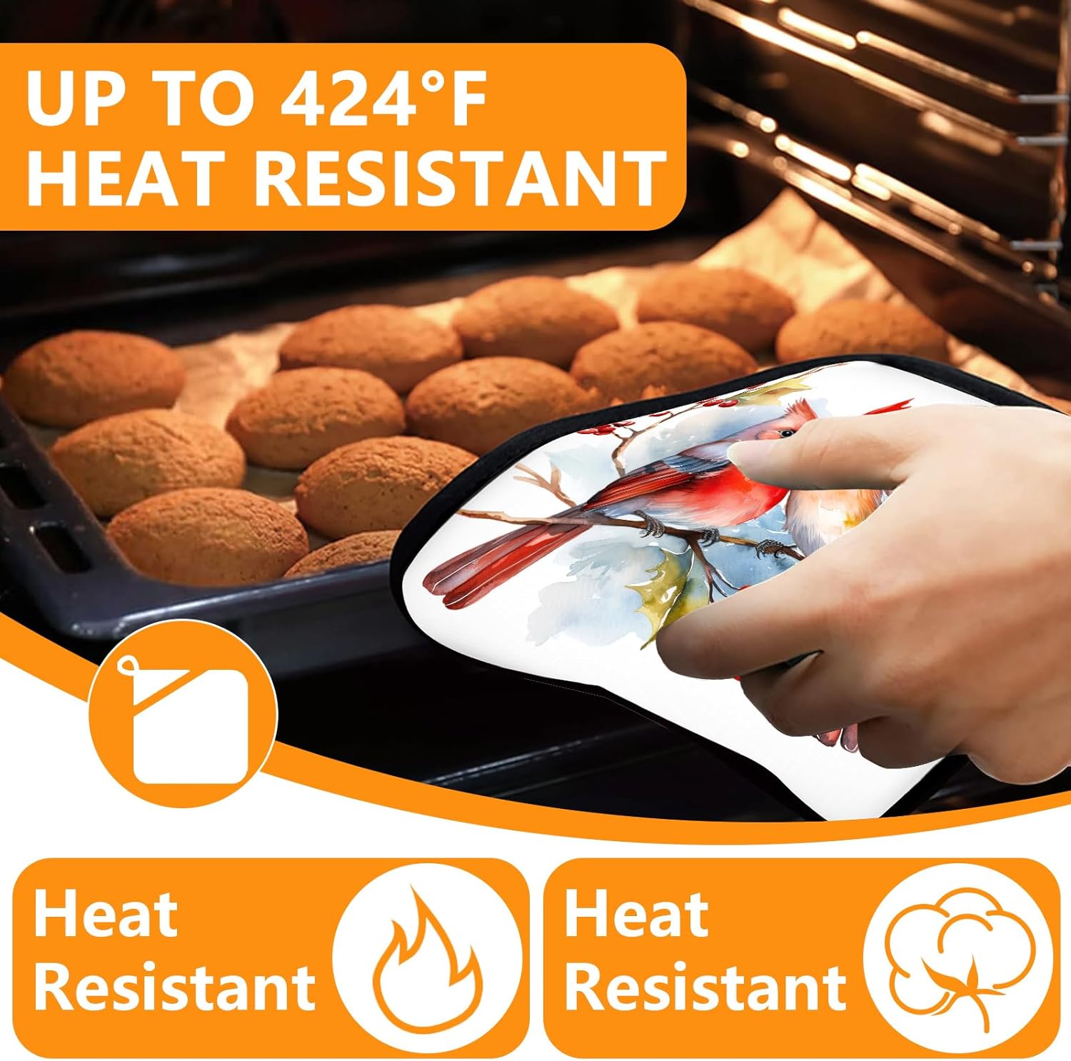Red Cardinal Birds Oven Mitts and Pot Holders Sets 4Pcs,Extra Long Oven Gloves Potholder for Kitchen Cooking Baking BBQ 100% Cotton Heat Resistant - Image 4