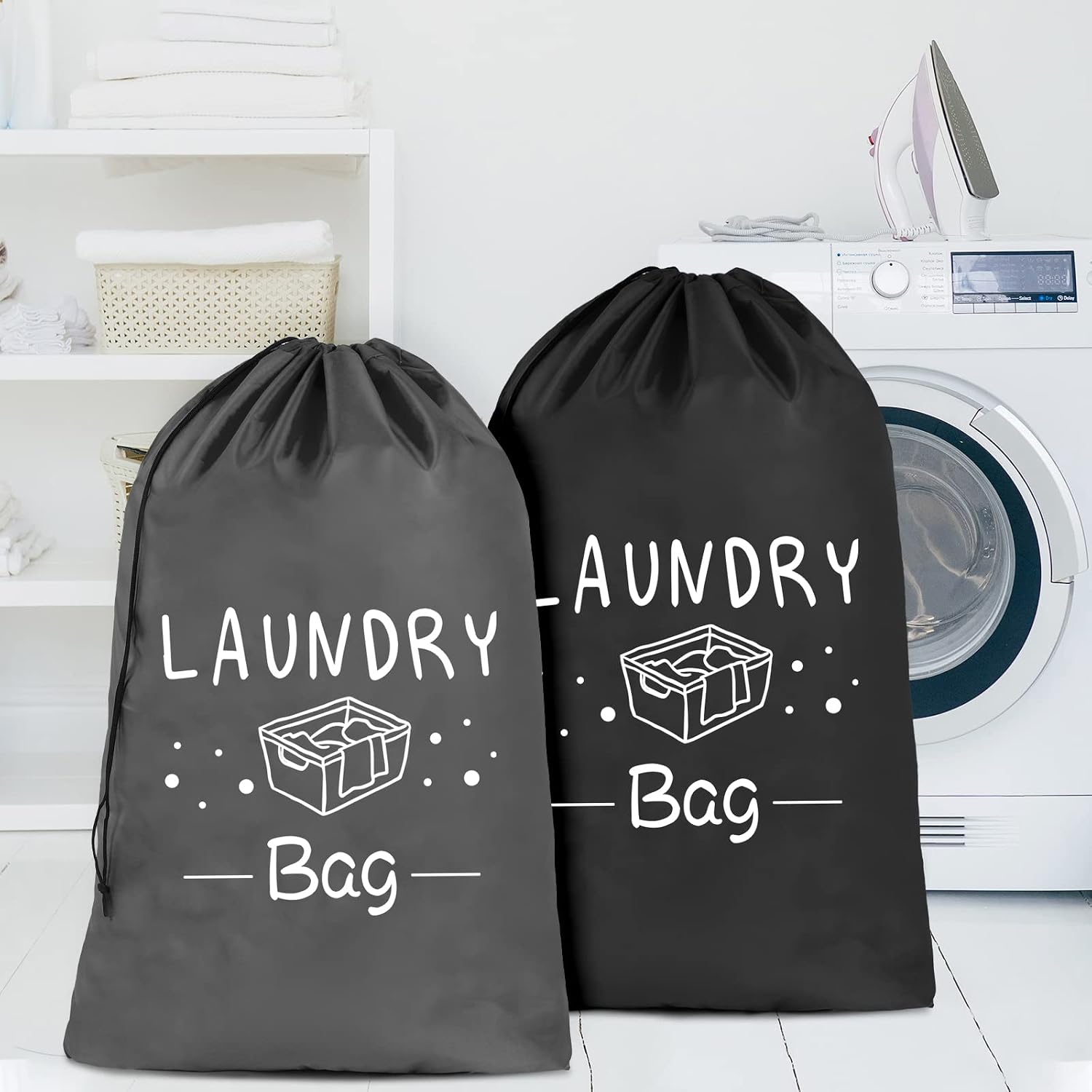 Sylfairy 2 Pack Extra Large Travel Laundry Bag, Dirty Clothes Organizer with Drawstring,Heavy Duty Travel Laundry Bags,Easy Fit a Laundry Hamper Travel Essentials (Black+Grey, 24" x 36") image 3