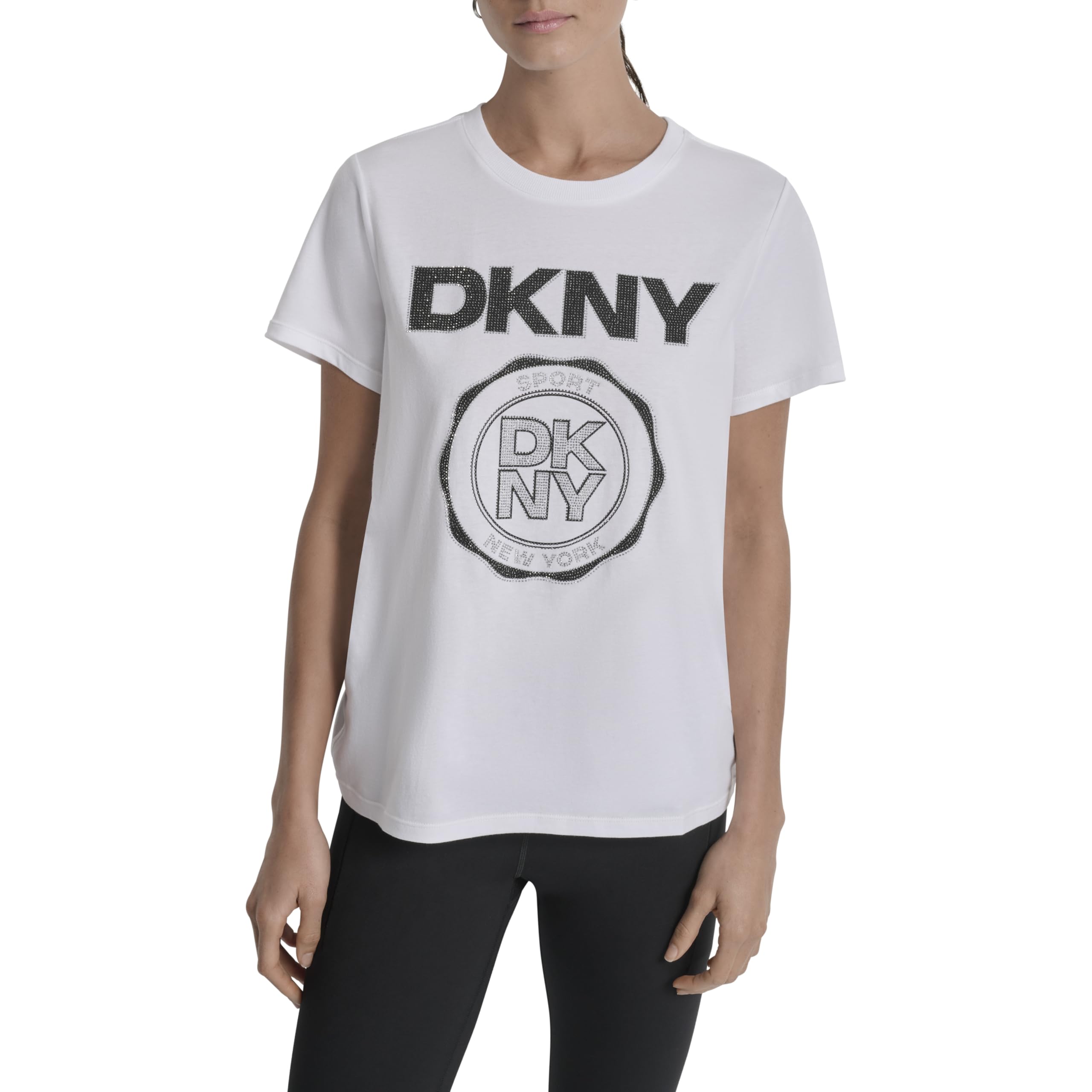

                                                    DKNY Women's T-Shirt, White/Black/Silver, Large