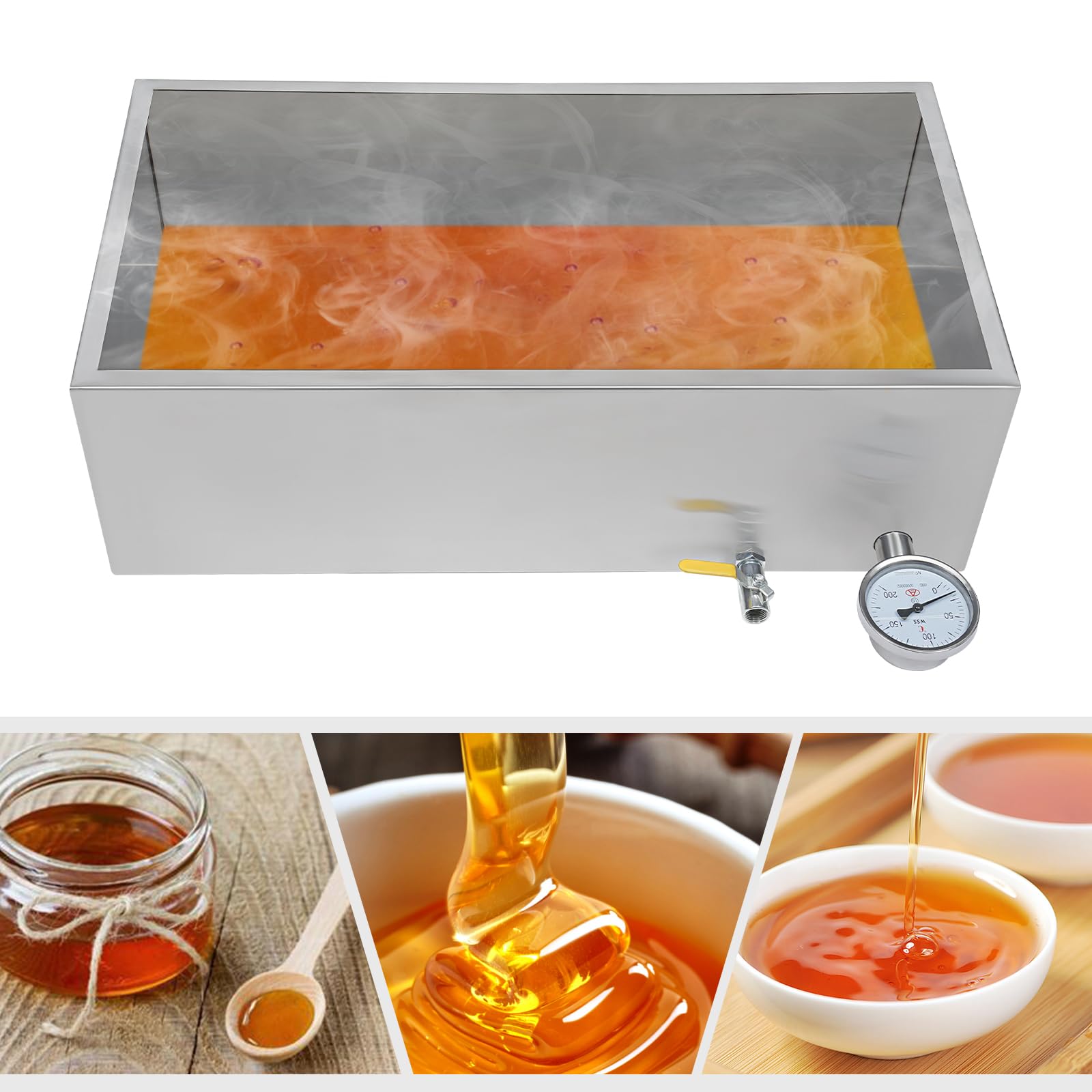 DYNAMI 304 Stainless Steel Maple Syrup Evaporator Pan,90L/23.8gal Thicken Maple Syrup Boiling Pan with Valve and Thermometer,29.9