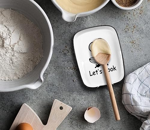 Miniatura 2 de Soporte de cuchara de tenedor con diseño de cerámica con mensaje Let's Cook, soporte de cuchara funcional para utensilios de cocina adecuado para
