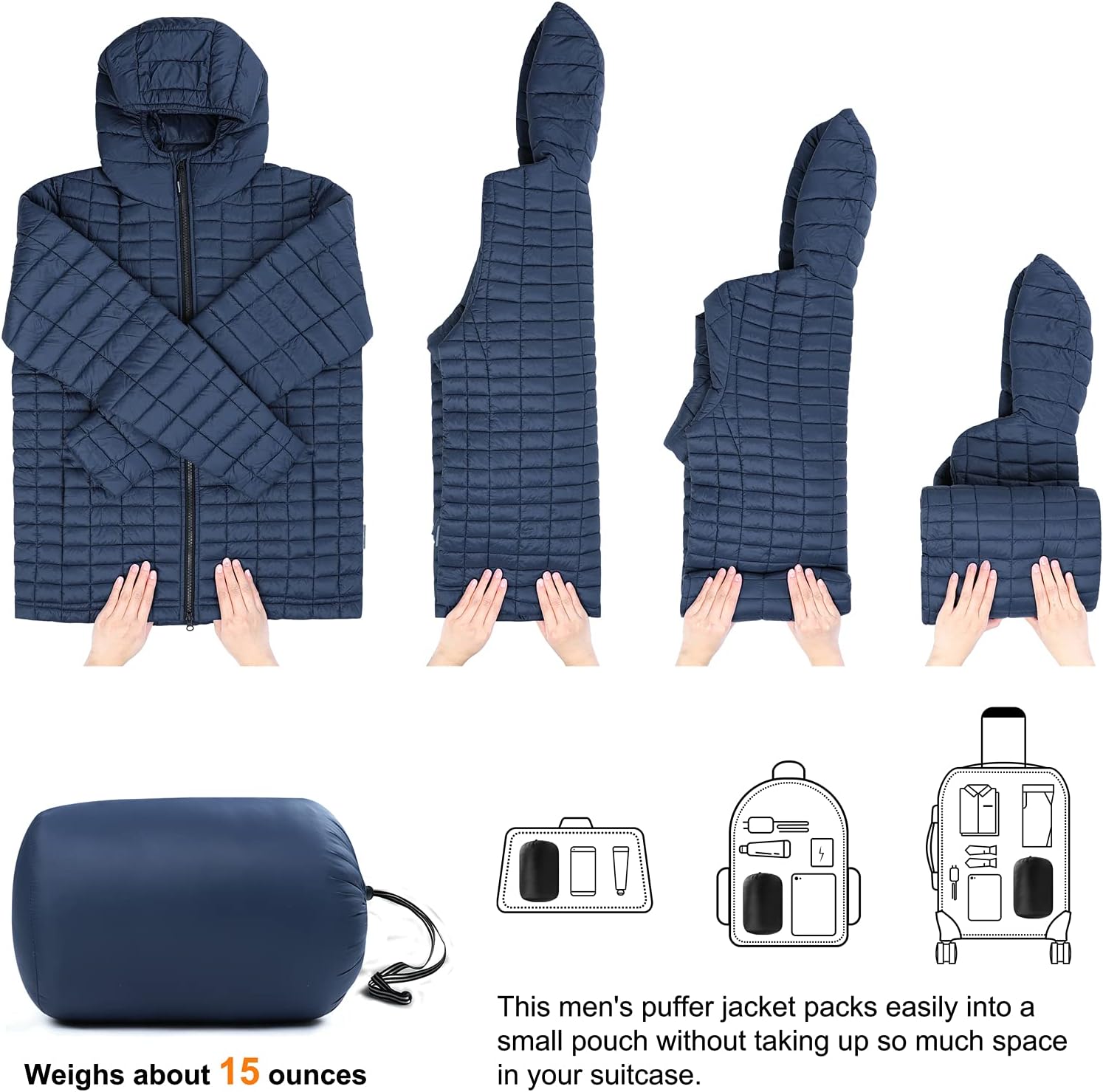 33,000ft Men's Thermolite Packable Hooded Quilted Puffer Jacket, Lightweight Warm Puffy Insulated Winter Coat - Image 7