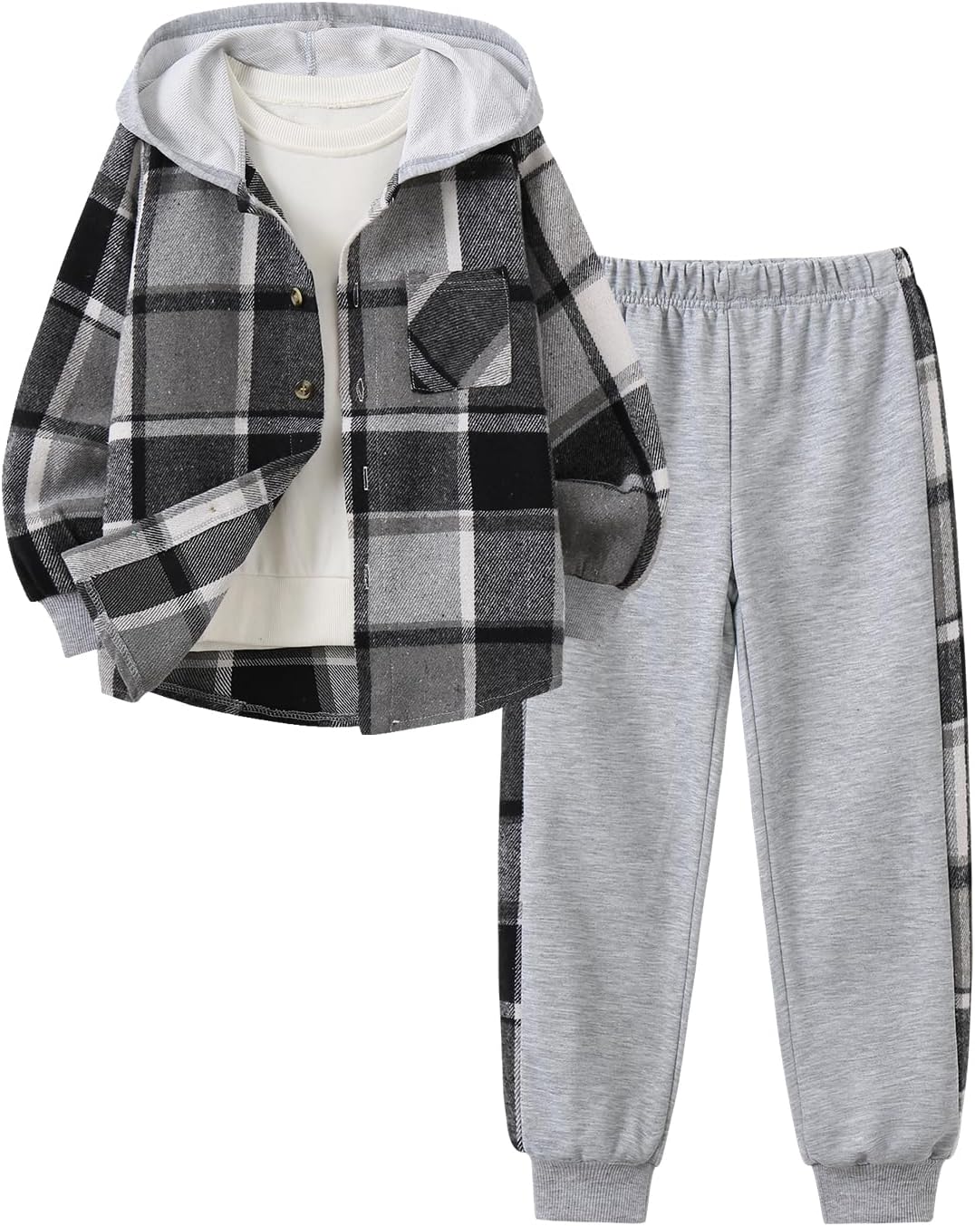Boys Clothes Plaid Hoodie Shirts and Elastic Waist Pants Outfits 7-16