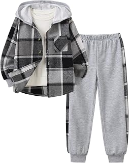 Boys Clothes Plaid Hoodie Shirts and Elastic Waist Pants Outfits 7-16