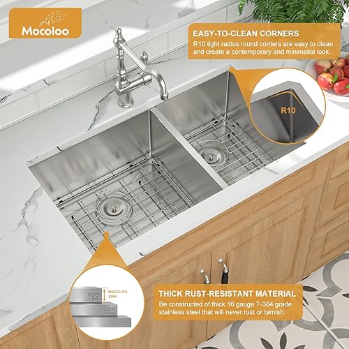 Miniatura 4 de Mocoloo Fregadero de cocina de 33 pulgadas, doble tazón de acero inoxidable 6040, fregadero de cocina de calibre 16, hecho a mano, 33 x 19 x 10
