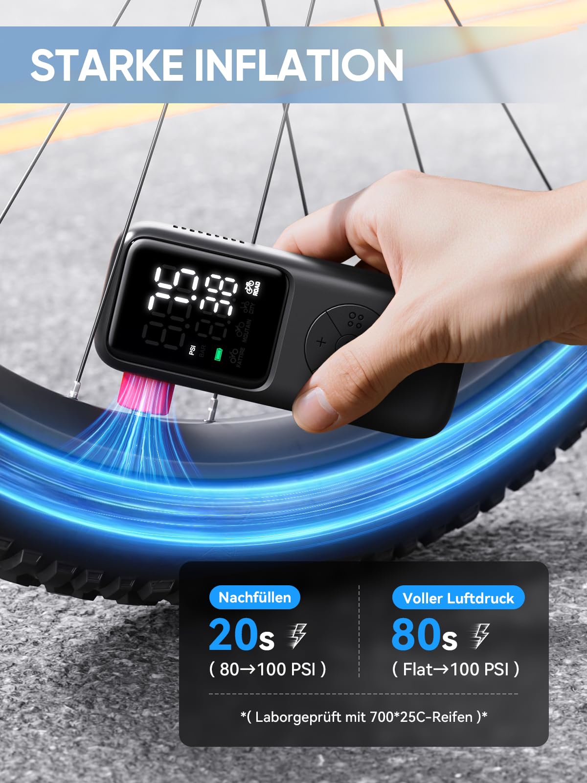 GPUTEK Mini Fahrradpumpe Elektrisch, 120 PSI mit Manometer | 5 voreingestellten Modi für Schrader- und Presta-Ventil Fahrrad-Reifenpumpe für Straße, Berg, Stadt Fahrrad und fette Reifen