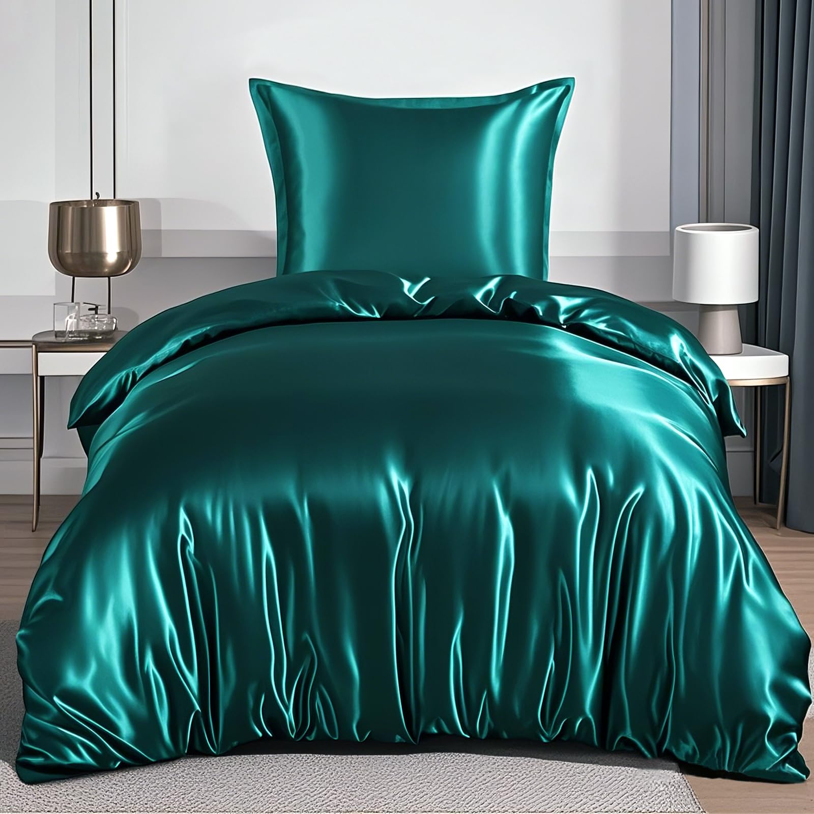 RUIKASI Satin Bettwäsche 155x220 Grün - Luxus Bettbezug mit Glanz wie Seiden Bettwäsche Set Dunkelgrün für Haar und Haut, Glänzend Bettwäsche 155x220cm mit Reißverschluss und Kissenbezug 80x80cm