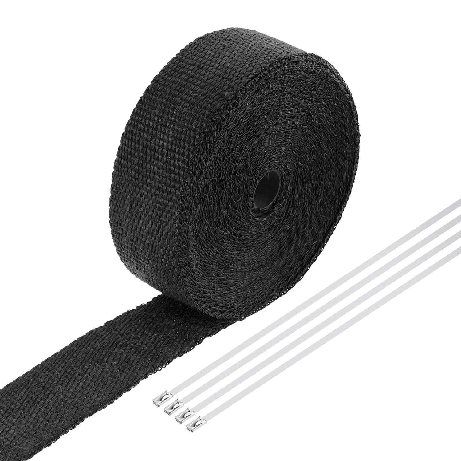MECCANIXITY Fiberglass Exhaust Wrap Tape, 2" x 50' Black Header Heat Wrap with 4 Stainless Ties for Hot Rods and Motorcycle
