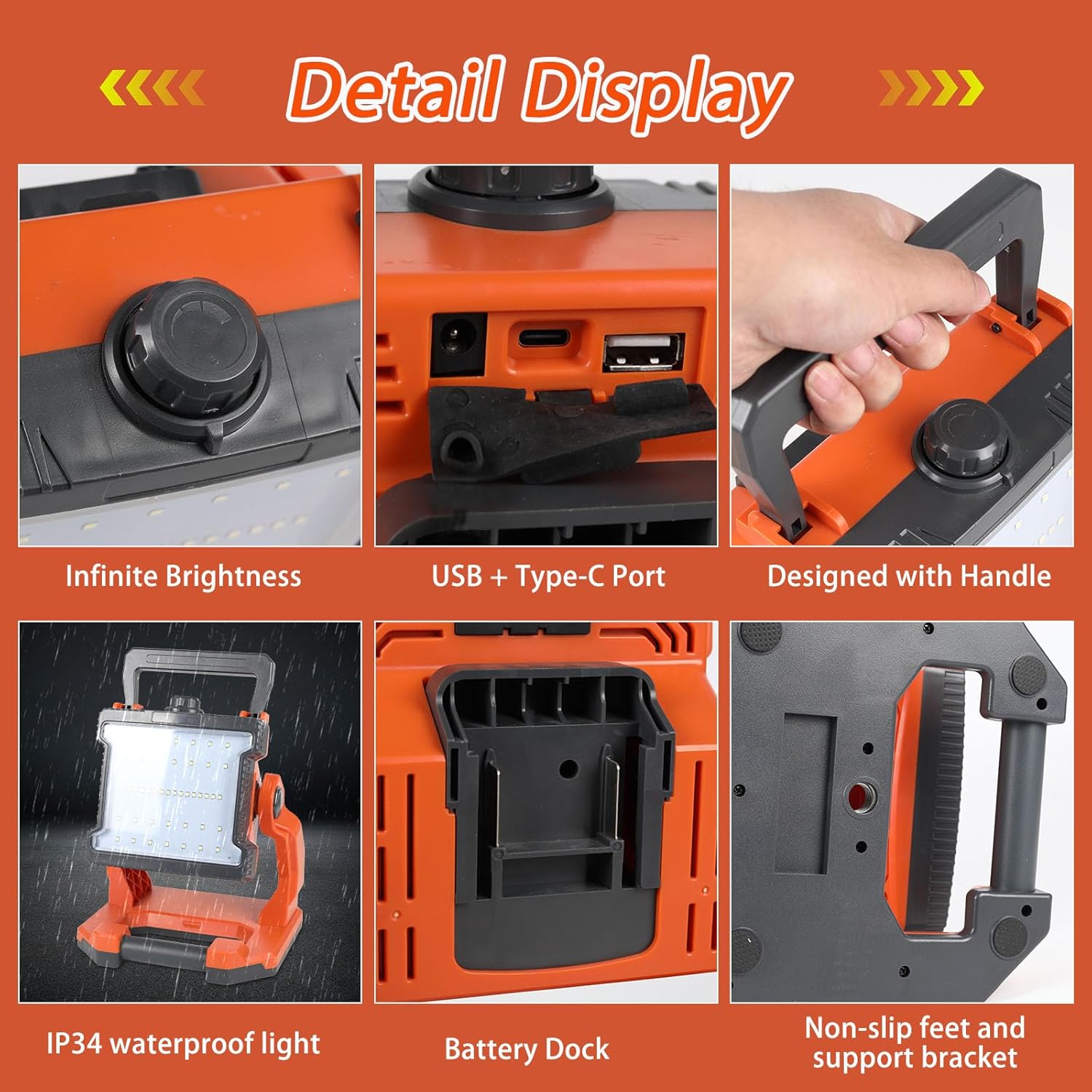 【72w・6500k・10000LM】 Cordless LED Work Light Compatible with Dewalt 20V Battery, 10 Inch Compact Flood Light AC Powered Floodlight with USB A/Type C Charging for Emergency, Outdoor (Bare Tool Only)