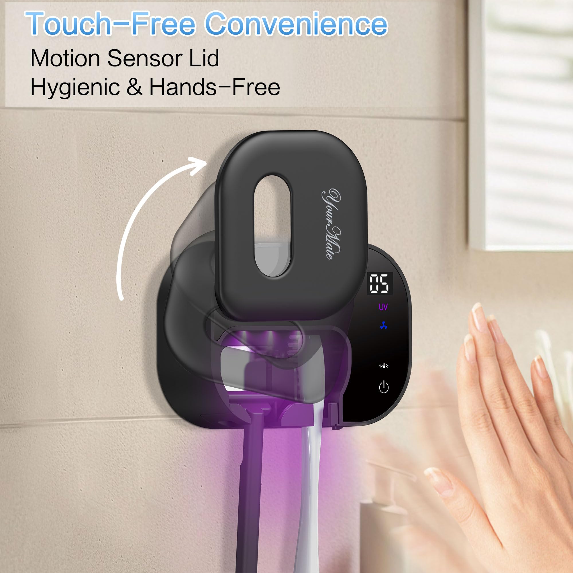 YourMate Portaspazzolino per bagno, ricaricabile, da parete, con coperchio e ventola con sensore intelligente, pulizia automatica 5 minuti, 2 slot di tipo