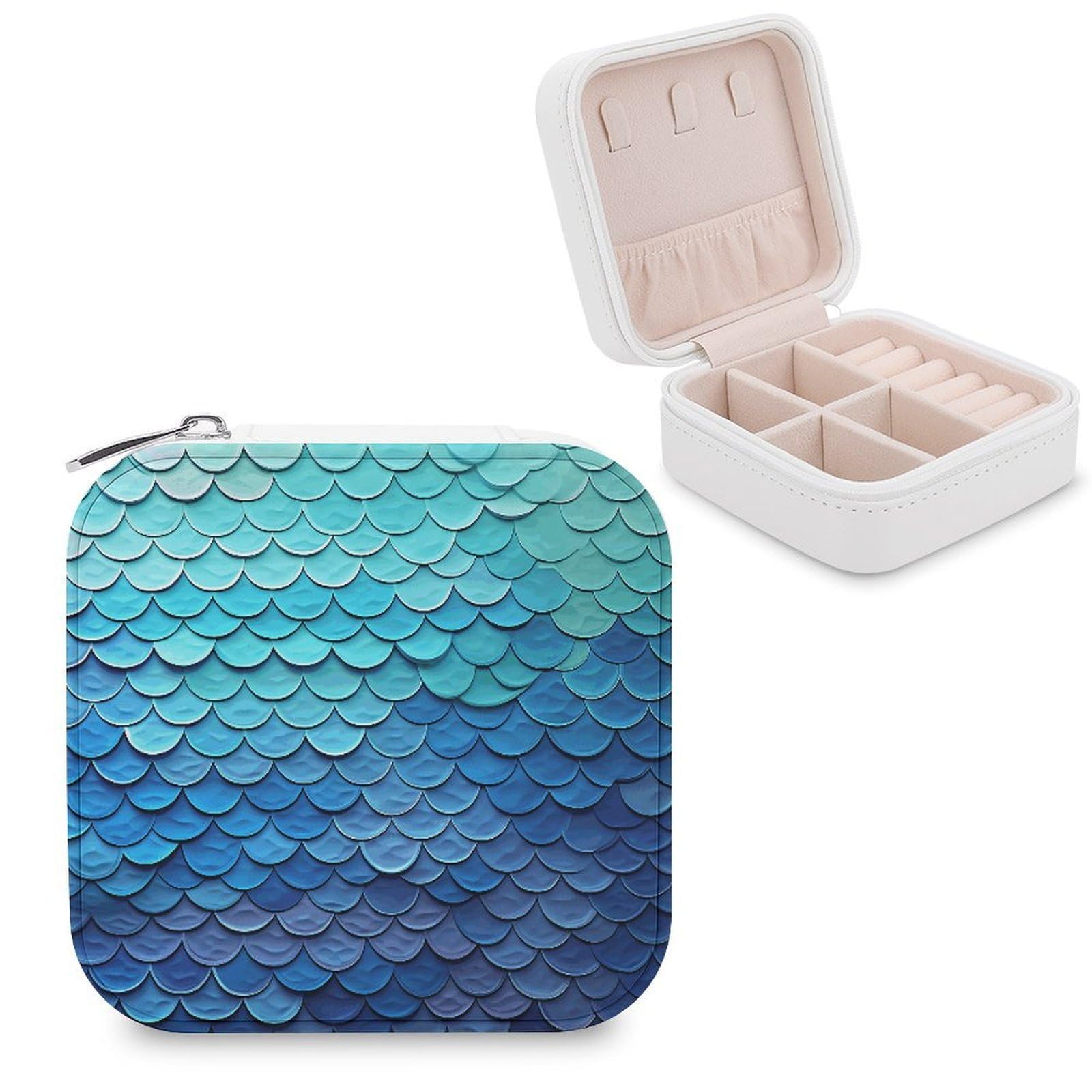 FekiLoot Ocean Sea Blue Mermaid Fish Scale Jewelry Box Custom Jewelry Travel Case Pu Leather Trinket Organizer Box to Organize Ring Pendant Earring Small Portable Jewelry Storage Holder for Women
