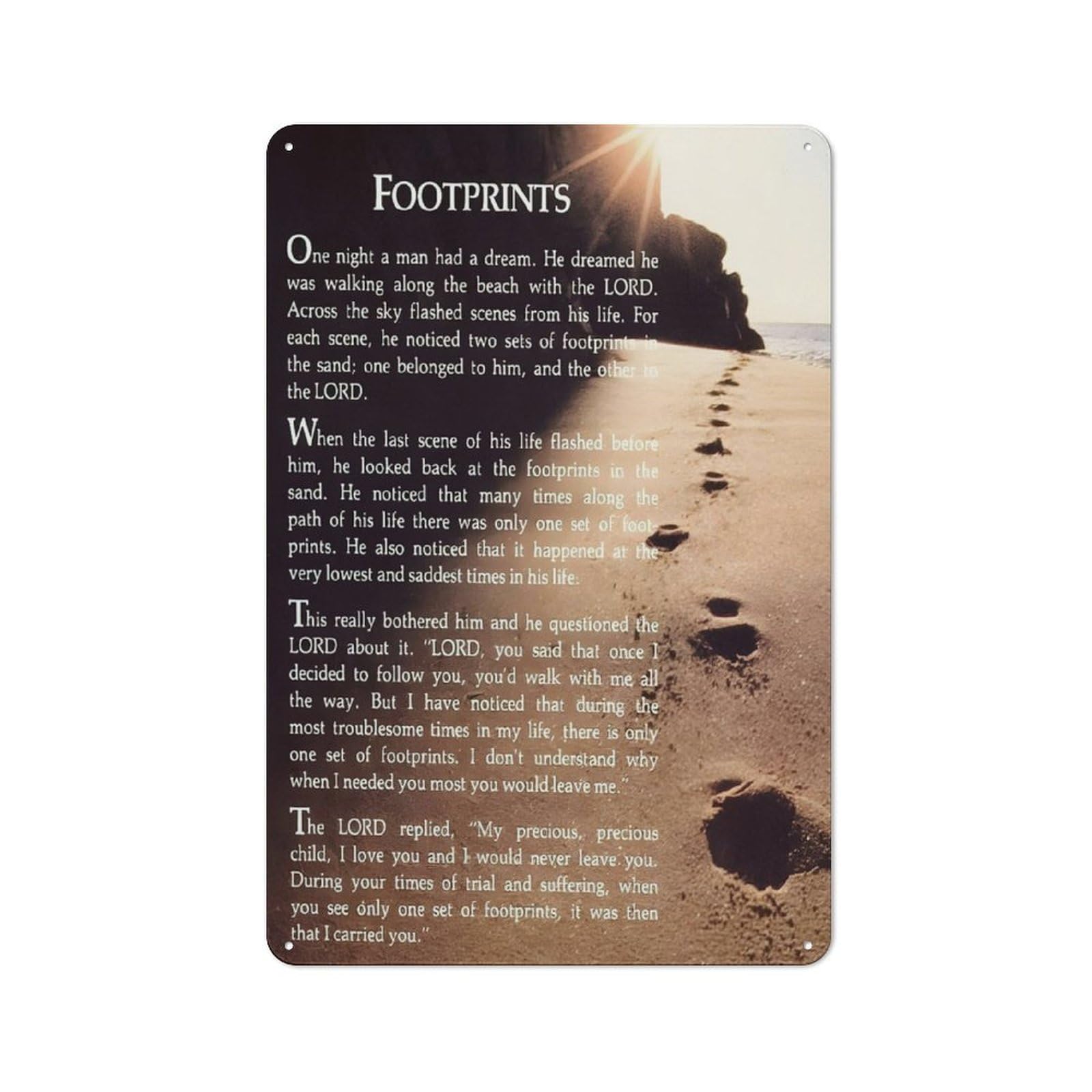 Rustic Metal Tin Sign Footprints In The Sand Wall Art, Religious Footsteps Poem Prints For Christian Home Decor, Motivational Religious Artwork, Inspirational Quotes Wall Art For Bedroom 8x12 Inch